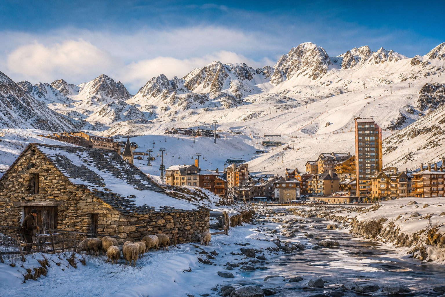 Estación de esquí en los Pirineos con montañas nevadas, teleféricos, edificios de hotel, un arroyo y ovejas junto a una cabaña de piedra